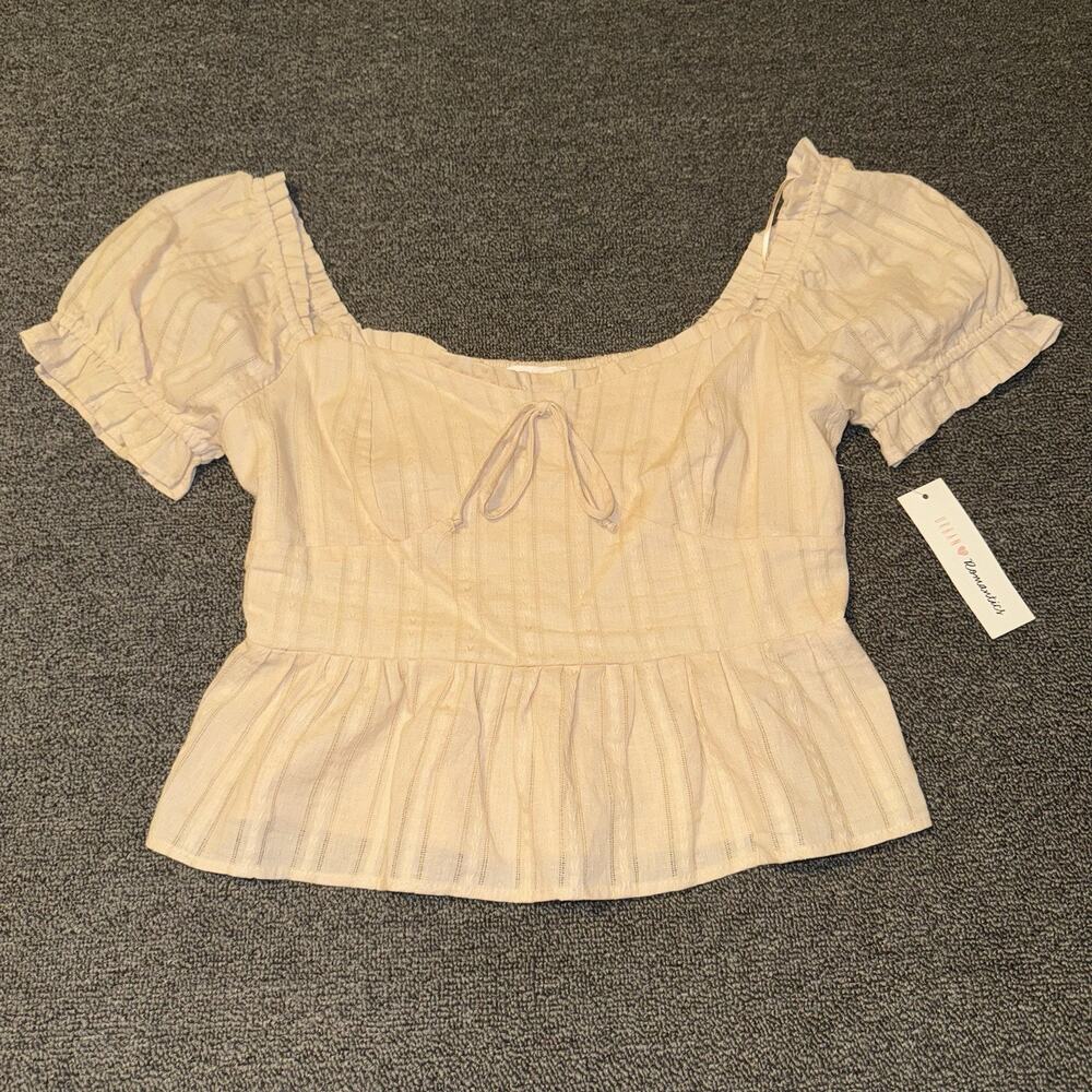 Urban Romantics Peplum Top Women's M Tan Crop Smocked Back Tie-Front Puff Sleeve